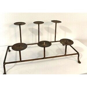 VTG Multi-Level Wrought Iron Pillar Candle Holder 6 Candle Plates Rustic Patina